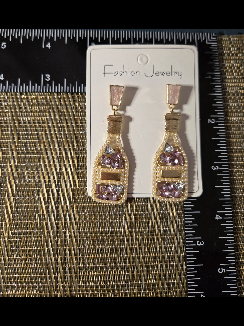 Fashion Jewelry Gold-Tone Pink Crystal Bottle Drop Earrings Wine Champagne - Picture 2 of 4